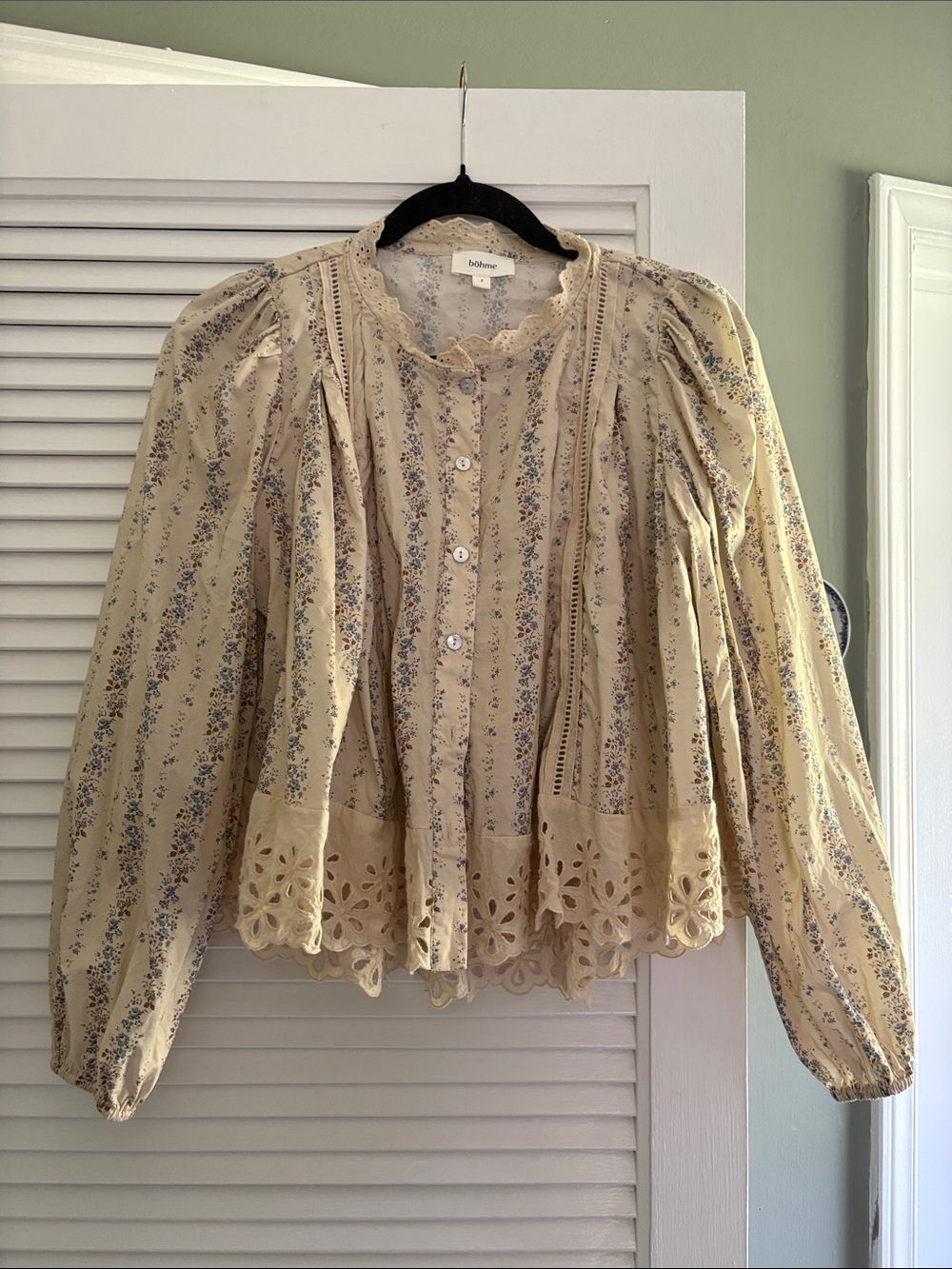 bohme Cream Floral Eyelet-Trim Button Blouse